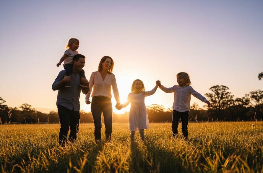 A heartwarming candid family photography Blackburn North capturing genuine moments, featuring a family of four (parents and two young children) laughing joyfully as they chase bubbles in a sun-dappled park at golden hour, with the lush greenery of Blackburn North in the background. The father has one child on his shoulders, the mother is holding the other child's hand, all looking up with pure delight, professionally color-graded with a warm, golden glow.