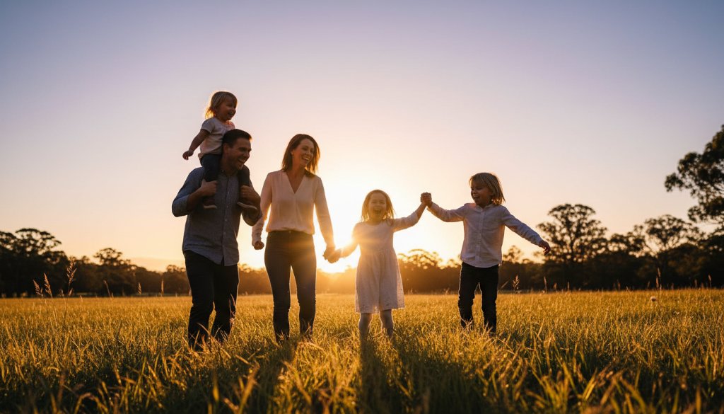 A heartwarming candid family photography Blackburn North capturing genuine moments, featuring a family of four (parents and two young children) laughing joyfully as they chase bubbles in a sun-dappled park at golden hour, with the lush greenery of Blackburn North in the background. The father has one child on his shoulders, the mother is holding the other child's hand, all looking up with pure delight, professionally color-graded with a warm, golden glow.