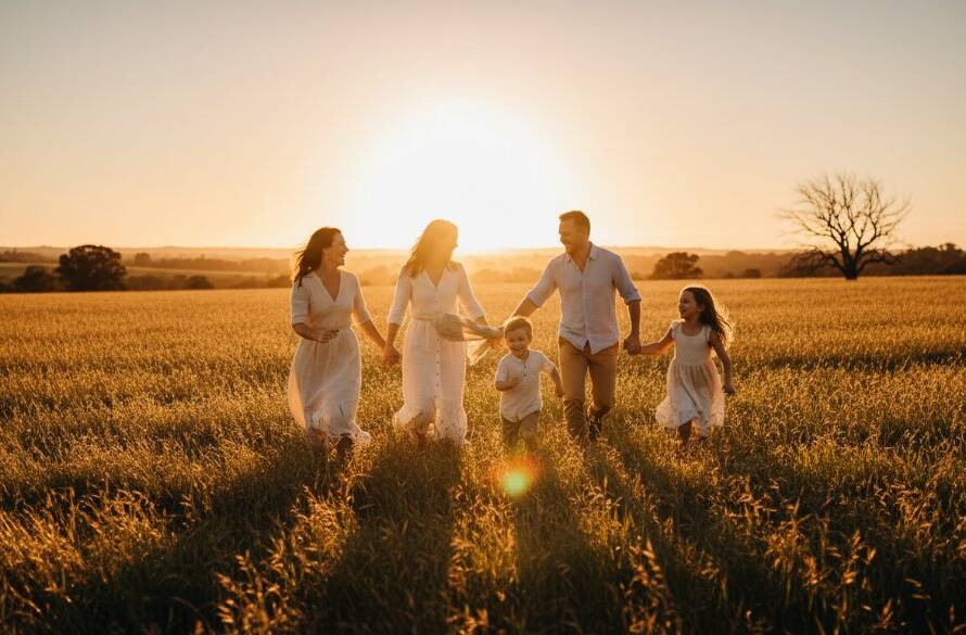 A heartwarming, candid family photography moment in Botanic Ridge, Victoria, featuring a family laughing joyously together at sunset, bathed in golden light, evoking pure connection and happiness.