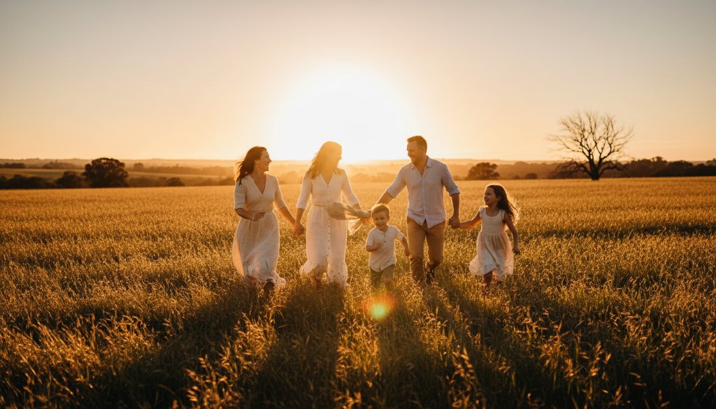 A heartwarming, candid family photography moment in Botanic Ridge, Victoria, featuring a family laughing joyously together at sunset, bathed in golden light, evoking pure connection and happiness.