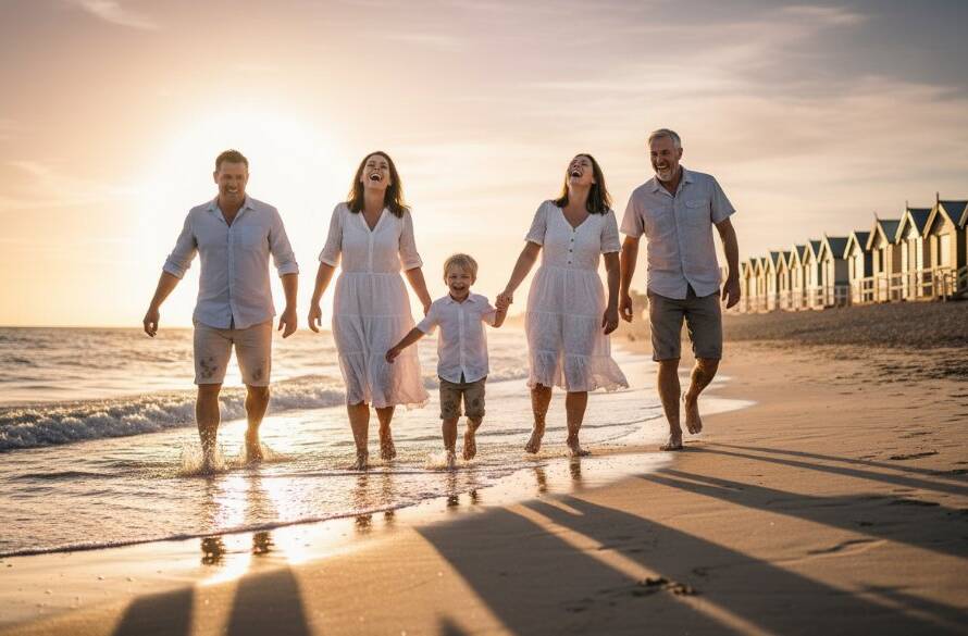 Candid family photography Brighton beach moments: A wide-angle, epic shot of a family laughing joyously as a wave splashes gently near them at sunset on Brighton beach, Victoria. Dramatic golden hour light, professional colour grading, capturing pure, unposed emotion.