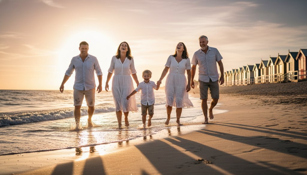 Candid family photography Brighton beach moments: A wide-angle, epic shot of a family laughing joyously as a wave splashes gently near them at sunset on Brighton beach, Victoria. Dramatic golden hour light, professional colour grading, capturing pure, unposed emotion.