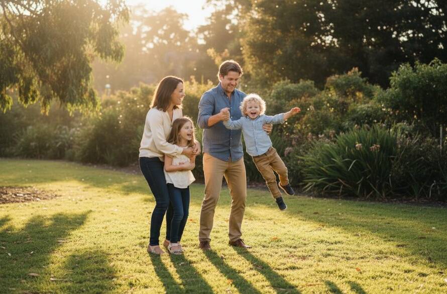 An epic moment of genuine laughter during candid family photography Camberwell Victoria, featuring parents playfully swinging their child against the golden hour glow of Victoria Park.