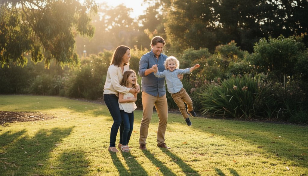 An epic moment of genuine laughter during candid family photography Camberwell Victoria, featuring parents playfully swinging their child against the golden hour glow of Victoria Park.