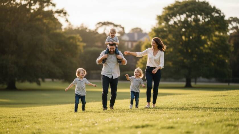 A heartwarming candid family photography moment in Caulfield North, Victoria, featuring a family laughing joyfully amidst lush park greenery, bathed in golden hour light. The image captures an epic, genuine connection, professionally colour-graded with dramatic yet natural aesthetics.