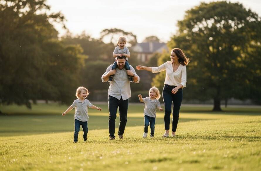 A heartwarming candid family photography moment in Caulfield North, Victoria, featuring a family laughing joyfully amidst lush park greenery, bathed in golden hour light. The image captures an epic, genuine connection, professionally colour-graded with dramatic yet natural aesthetics.