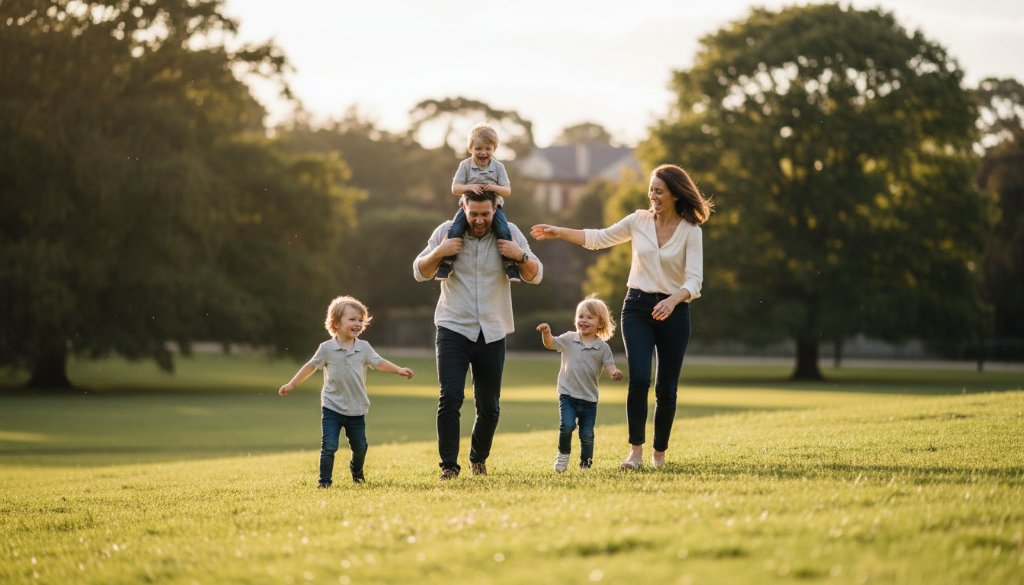 A heartwarming candid family photography moment in Caulfield North, Victoria, featuring a family laughing joyfully amidst lush park greenery, bathed in golden hour light. The image captures an epic, genuine connection, professionally colour-graded with dramatic yet natural aesthetics.