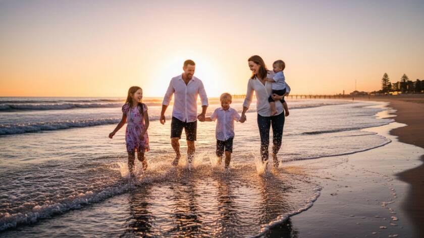 An epic moment of a family joyfully running along Chelsea Beach at sunset, silhouetted against the golden hour sky, perfectly embodying candid family photography Chelsea Beach Victoria.
