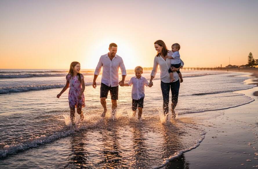 An epic moment of a family joyfully running along Chelsea Beach at sunset, silhouetted against the golden hour sky, perfectly embodying candid family photography Chelsea Beach Victoria.