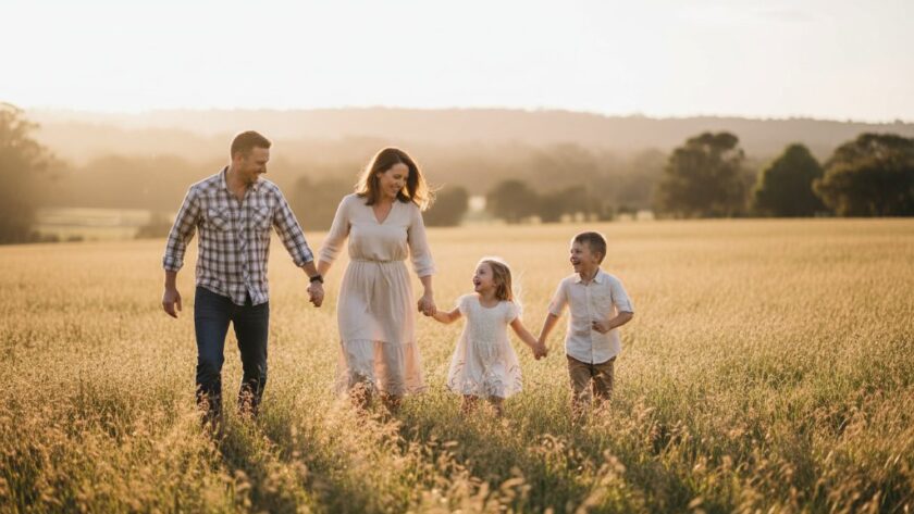 An epic moment of a family laughing joyfully amidst the golden hour light in a scenic park in Churchill, Victoria, showcasing authentic family photography Churchill Victoria scenic parks, with children playing and parents embracing.