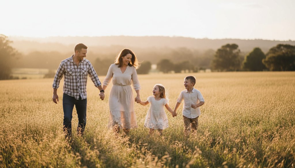 An epic moment of a family laughing joyfully amidst the golden hour light in a scenic park in Churchill, Victoria, showcasing authentic family photography Churchill Victoria scenic parks, with children playing and parents embracing.