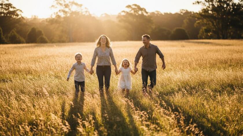 A heartwarming candid family photography Croydon South moment featuring a family laughing joyfully amidst the dappled sunlight of a local park, professionally colour-graded with dramatic lighting creating a truly epic and emotional scene.
