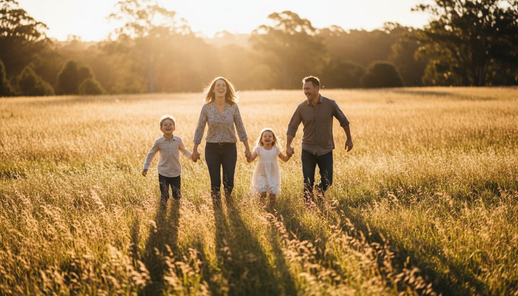 A heartwarming candid family photography Croydon South moment featuring a family laughing joyfully amidst the dappled sunlight of a local park, professionally colour-graded with dramatic lighting creating a truly epic and emotional scene.