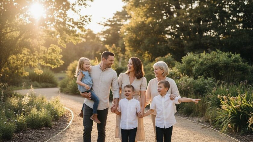 An epic moment of a multi-generational family laughing joyfully amidst the golden hour light in a Daylesford park, capturing candid family photography Daylesford Victoria natural moments, with children playing and parents embracing, professionally colour graded.