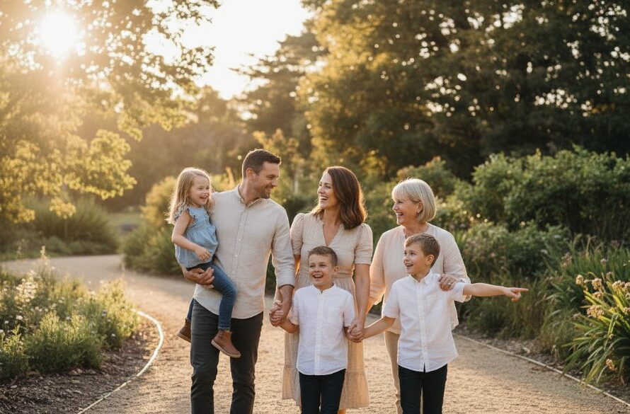 An epic moment of a multi-generational family laughing joyfully amidst the golden hour light in a Daylesford park, capturing candid family photography Daylesford Victoria natural moments, with children playing and parents embracing, professionally colour graded.