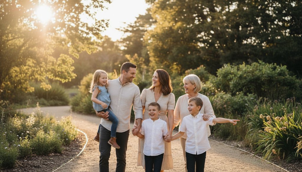 An epic moment of a multi-generational family laughing joyfully amidst the golden hour light in a Daylesford park, capturing candid family photography Daylesford Victoria natural moments, with children playing and parents embracing, professionally colour graded.