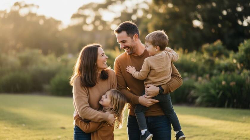 An emotionally resonant, candid family photograph taken in Donvale, capturing real moments of laughter and connection as parents embrace their children amidst the warm, golden light of a Donvale park, professionally colour-graded with dramatic lighting.