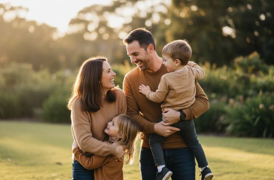 An emotionally resonant, candid family photograph taken in Donvale, capturing real moments of laughter and connection as parents embrace their children amidst the warm, golden light of a Donvale park, professionally colour-graded with dramatic lighting.
