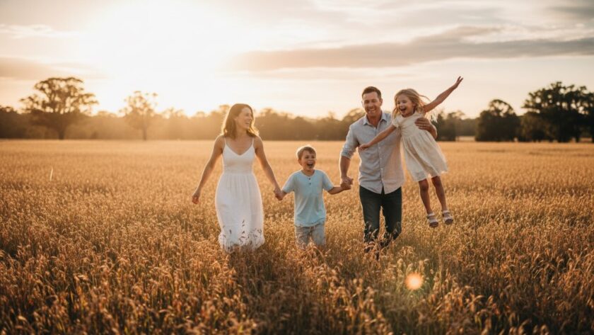 A vibrant, wide-angle shot of a family embracing joyfully amidst the golden hour light in a scenic Epsom park, illustrating candid family photography Epsom Victoria capturing genuine joy with warm, professional colour grading.