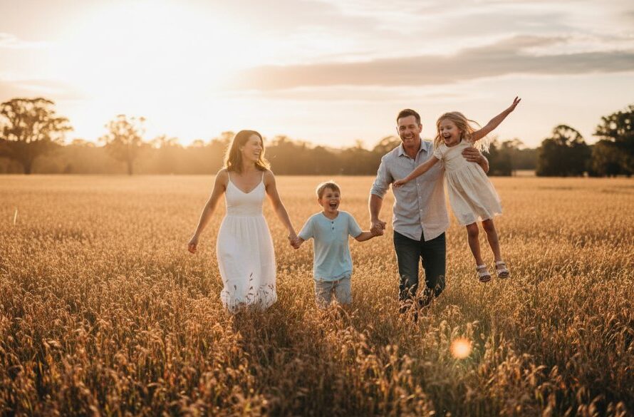 A vibrant, wide-angle shot of a family embracing joyfully amidst the golden hour light in a scenic Epsom park, illustrating candid family photography Epsom Victoria capturing genuine joy with warm, professional colour grading.