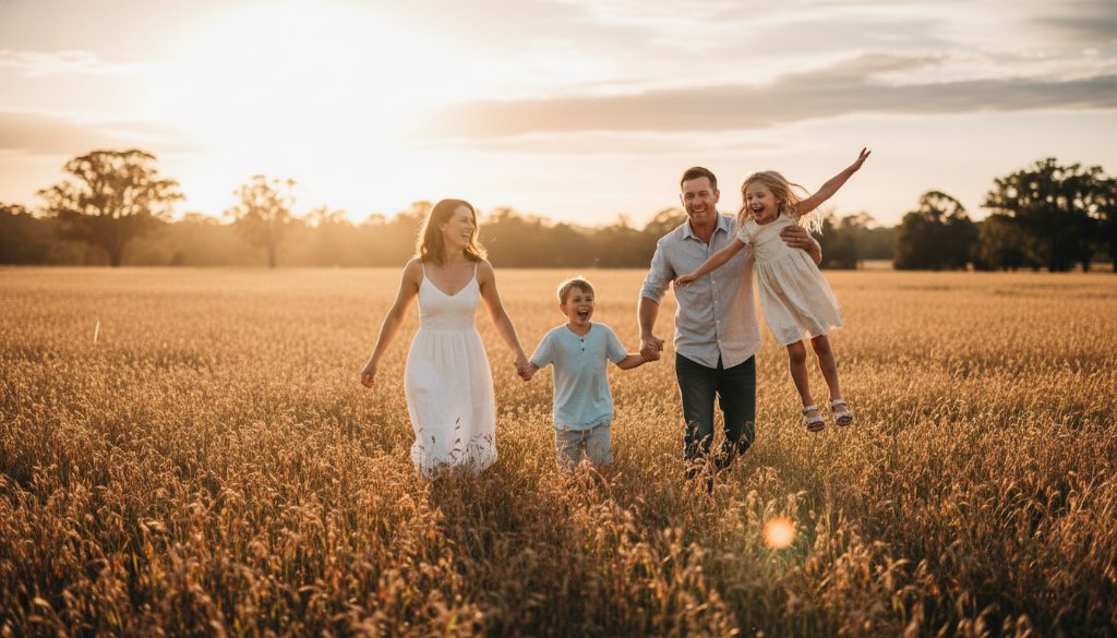 A vibrant, wide-angle shot of a family embracing joyfully amidst the golden hour light in a scenic Epsom park, illustrating candid family photography Epsom Victoria capturing genuine joy with warm, professional colour grading.