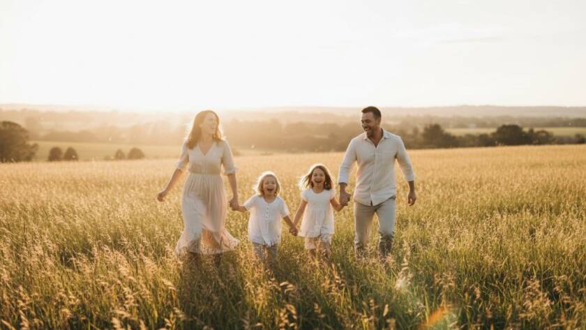 A heartwarming candid family photography experiences Skye Victoria moment featuring a family laughing joyfully as they play together in a golden field at sunset, capturing an epic, unposed interaction.