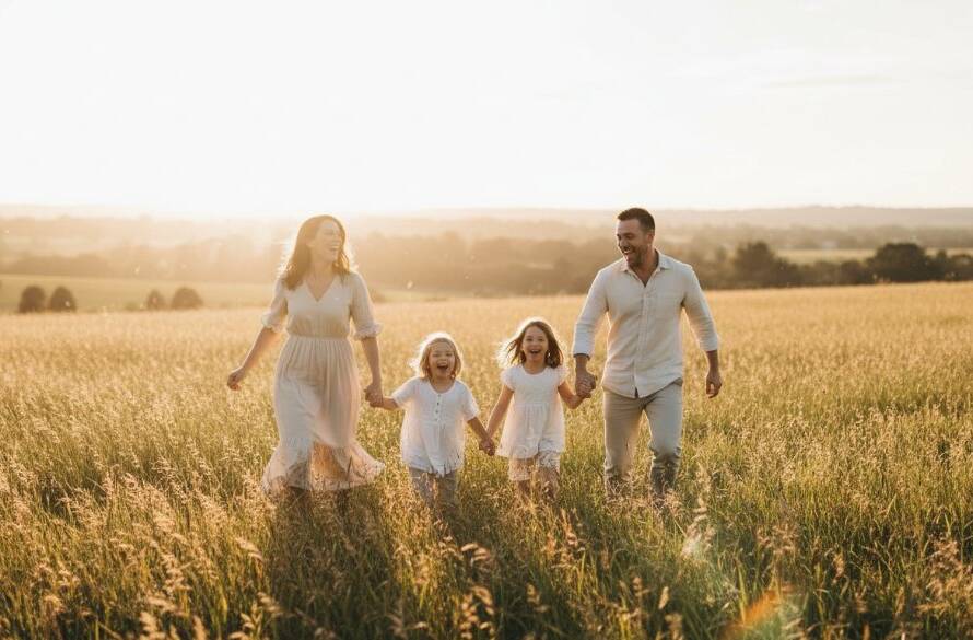 A heartwarming candid family photography experiences Skye Victoria moment featuring a family laughing joyfully as they play together in a golden field at sunset, capturing an epic, unposed interaction.