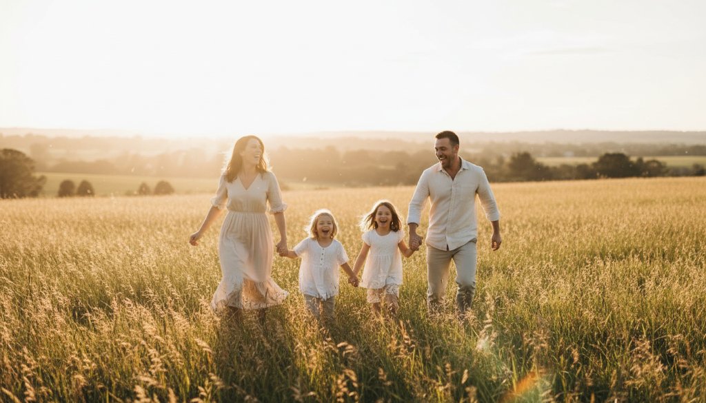 A heartwarming candid family photography experiences Skye Victoria moment featuring a family laughing joyfully as they play together in a golden field at sunset, capturing an epic, unposed interaction.