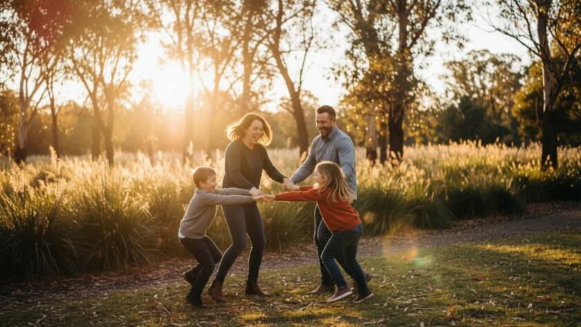 A heartwarming, sun-drenched candid family photography Hampton Park Victoria moment, with parents playfully swinging their child amidst the vibrant autumn foliage, captured with a soft, cinematic glow.