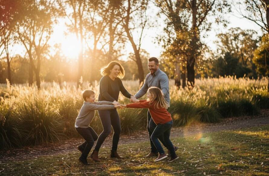 A heartwarming, sun-drenched candid family photography Hampton Park Victoria moment, with parents playfully swinging their child amidst the vibrant autumn foliage, captured with a soft, cinematic glow.