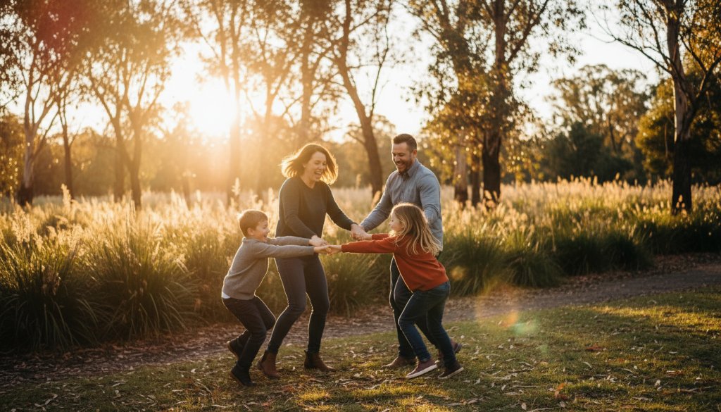 A heartwarming, sun-drenched candid family photography Hampton Park Victoria moment, with parents playfully swinging their child amidst the vibrant autumn foliage, captured with a soft, cinematic glow.