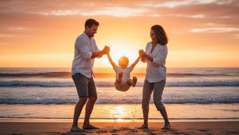 A heartwarming, candid family photography Hampton Victoria scene at sunset on Hampton Beach, where parents are laughing while playfully swinging their young child in the golden light, capturing an epic moment of pure joy and connection with professional color grading and dramatic backlighting.