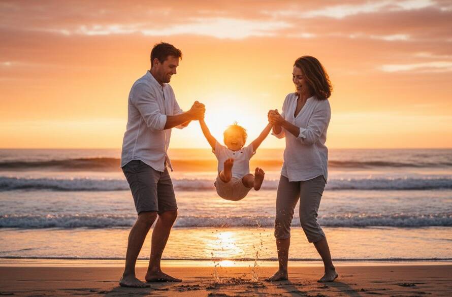 A heartwarming, candid family photography Hampton Victoria scene at sunset on Hampton Beach, where parents are laughing while playfully swinging their young child in the golden light, capturing an epic moment of pure joy and connection with professional color grading and dramatic backlighting.