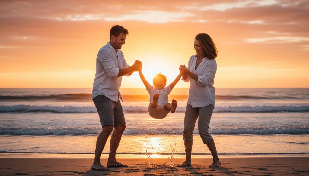 A heartwarming, candid family photography Hampton Victoria scene at sunset on Hampton Beach, where parents are laughing while playfully swinging their young child in the golden light, capturing an epic moment of pure joy and connection with professional color grading and dramatic backlighting.