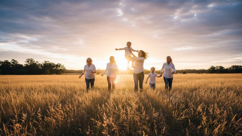 An epic moment captured in candid family photography Miners Rest Victoria, featuring a family laughing joyfully amidst the golden hour glow of a rustic Miners Rest landscape, professional and emotionally rich.