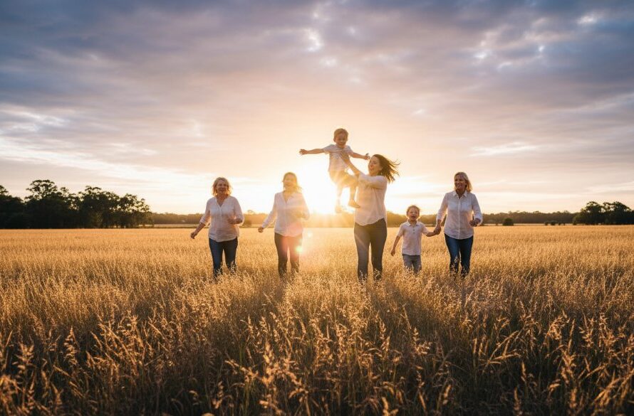 An epic moment captured in candid family photography Miners Rest Victoria, featuring a family laughing joyfully amidst the golden hour glow of a rustic Miners Rest landscape, professional and emotionally rich.