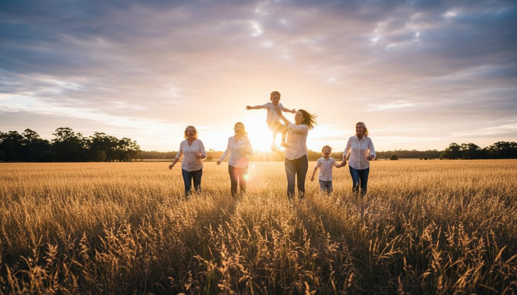 An epic moment captured in candid family photography Miners Rest Victoria, featuring a family laughing joyfully amidst the golden hour glow of a rustic Miners Rest landscape, professional and emotionally rich.