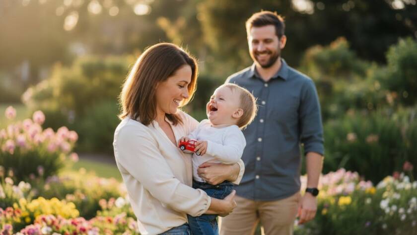 A heartwarming, sun-kissed candid family photography moment Balwyn North, showing parents laughing with their children in a beautiful park, captured with professional, cinematic lighting and color grading.