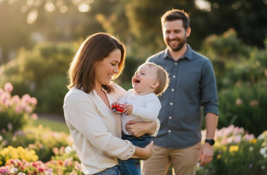 A heartwarming, sun-kissed candid family photography moment Balwyn North, showing parents laughing with their children in a beautiful park, captured with professional, cinematic lighting and color grading.