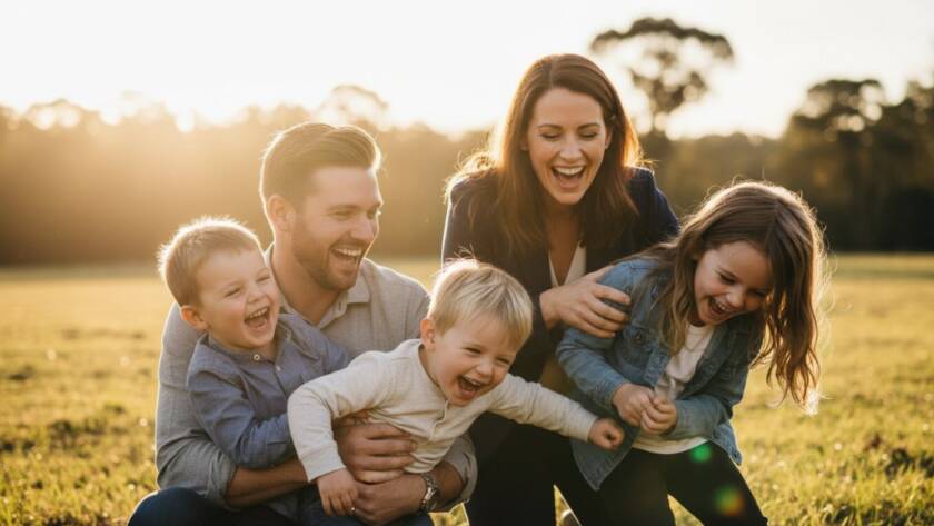 A professional, cinematic photograph capturing a family laughing genuinely together in a sun-drenched park in Ringwood East, Victoria, embodying the spirit of Candid Family Photography Ringwood East Victoria, with warm, golden hour lighting and bokeh background.