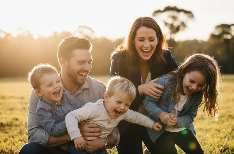 A professional, cinematic photograph capturing a family laughing genuinely together in a sun-drenched park in Ringwood East, Victoria, embodying the spirit of Candid Family Photography Ringwood East Victoria, with warm, golden hour lighting and bokeh background.