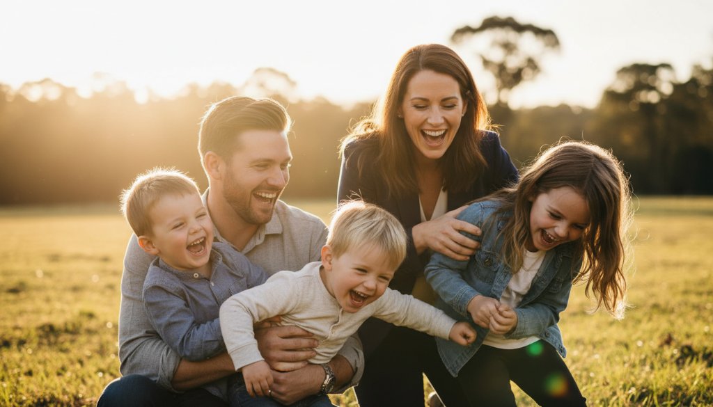 A professional, cinematic photograph capturing a family laughing genuinely together in a sun-drenched park in Ringwood East, Victoria, embodying the spirit of Candid Family Photography Ringwood East Victoria, with warm, golden hour lighting and bokeh background.