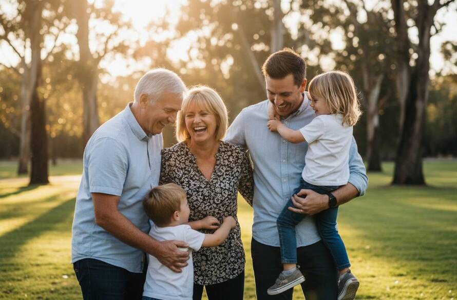 An emotional, candid family photography Scoresby natural moments portrait, featuring a parent embracing their child joyfully amidst the golden hour light of Nortons Park, capturing pure, unposed connection.