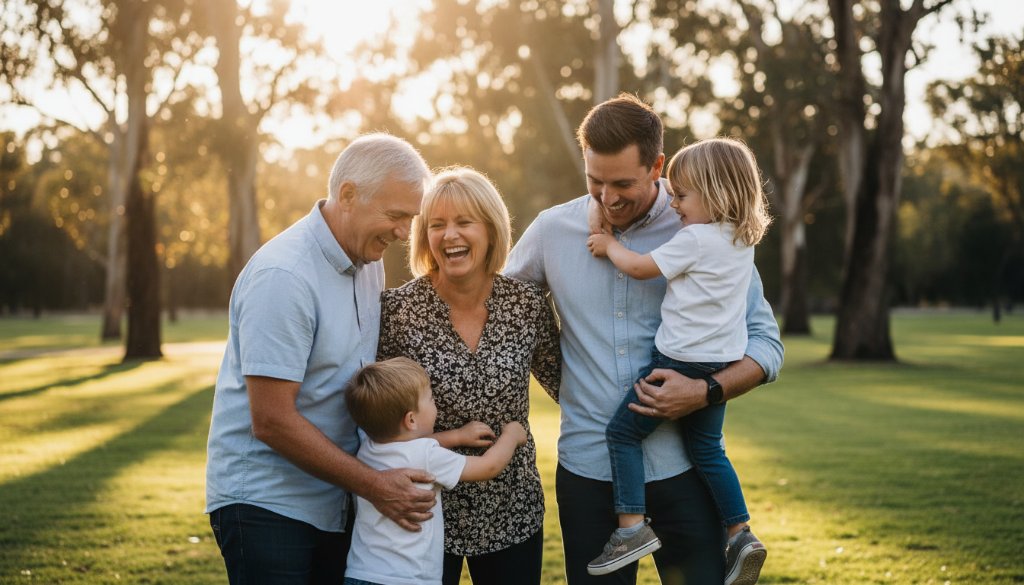 An emotional, candid family photography Scoresby natural moments portrait, featuring a parent embracing their child joyfully amidst the golden hour light of Nortons Park, capturing pure, unposed connection.