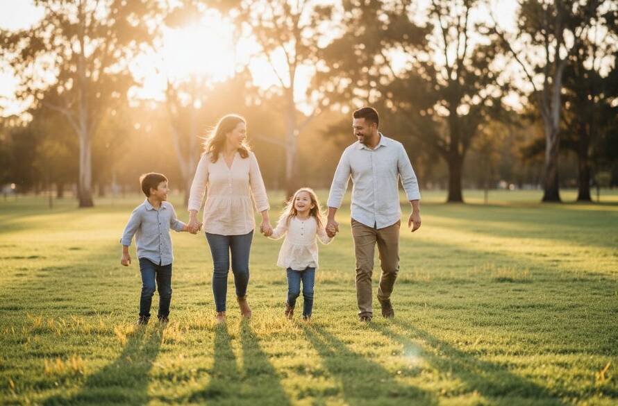 Candid family photography sessions Melton South Victoria featuring a family laughing joyfully in golden hour light at Navan Park, capturing an authentic, epic moment with professional color grading.
