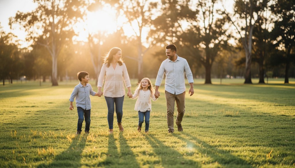 Candid family photography sessions Melton South Victoria featuring a family laughing joyfully in golden hour light at Navan Park, capturing an authentic, epic moment with professional color grading.