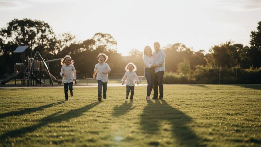 Candid family photography Tarneit capturing genuine moments of a family laughing joyously together at Tarneit Central Park, bathed in golden hour light, with children playing in the foreground and parents embracing in the background, professional cinematic shot.