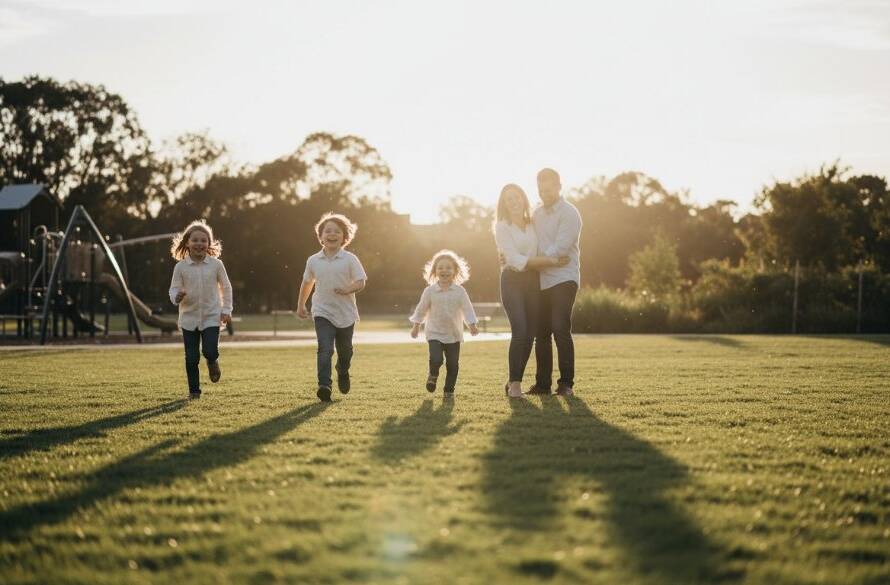Candid family photography Tarneit capturing genuine moments of a family laughing joyously together at Tarneit Central Park, bathed in golden hour light, with children playing in the foreground and parents embracing in the background, professional cinematic shot.