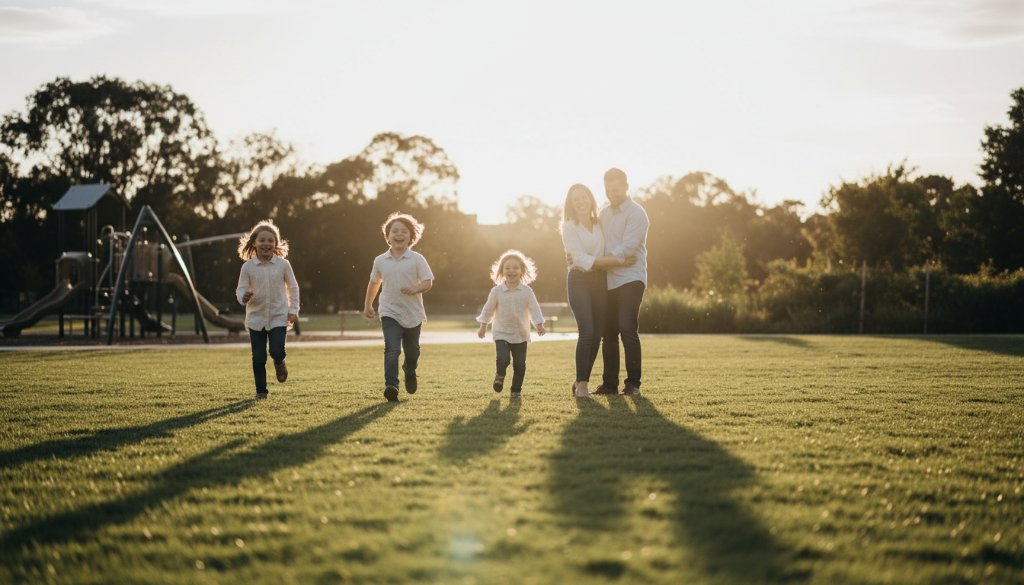 Candid family photography Tarneit capturing genuine moments of a family laughing joyously together at Tarneit Central Park, bathed in golden hour light, with children playing in the foreground and parents embracing in the background, professional cinematic shot.