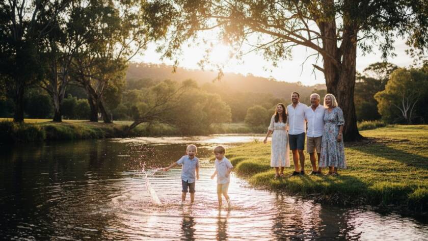 A joyful family embracing a candid moment by the Yarra River in Templestowe, bathed in golden hour light, reflecting the essence of candid family photography Templestowe capturing authentic joy.